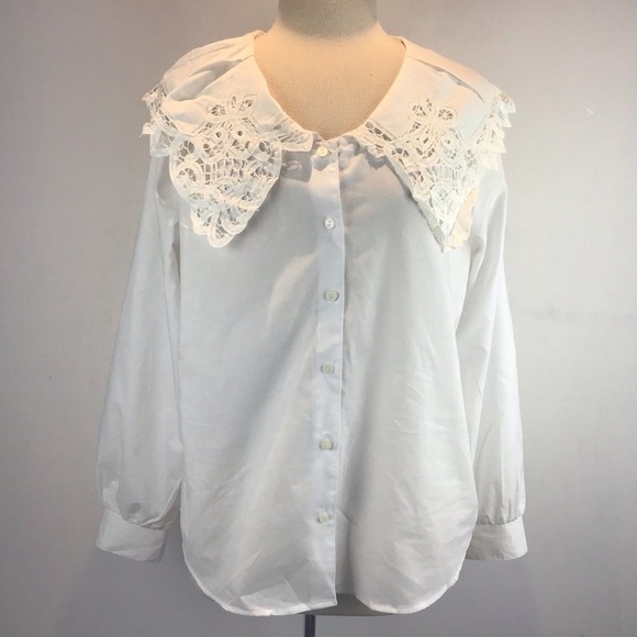 Vintage 90s Y2K white cotton longsleeve blouse / Lord Fauntleroy lace collar Med - Picture 1 of 7